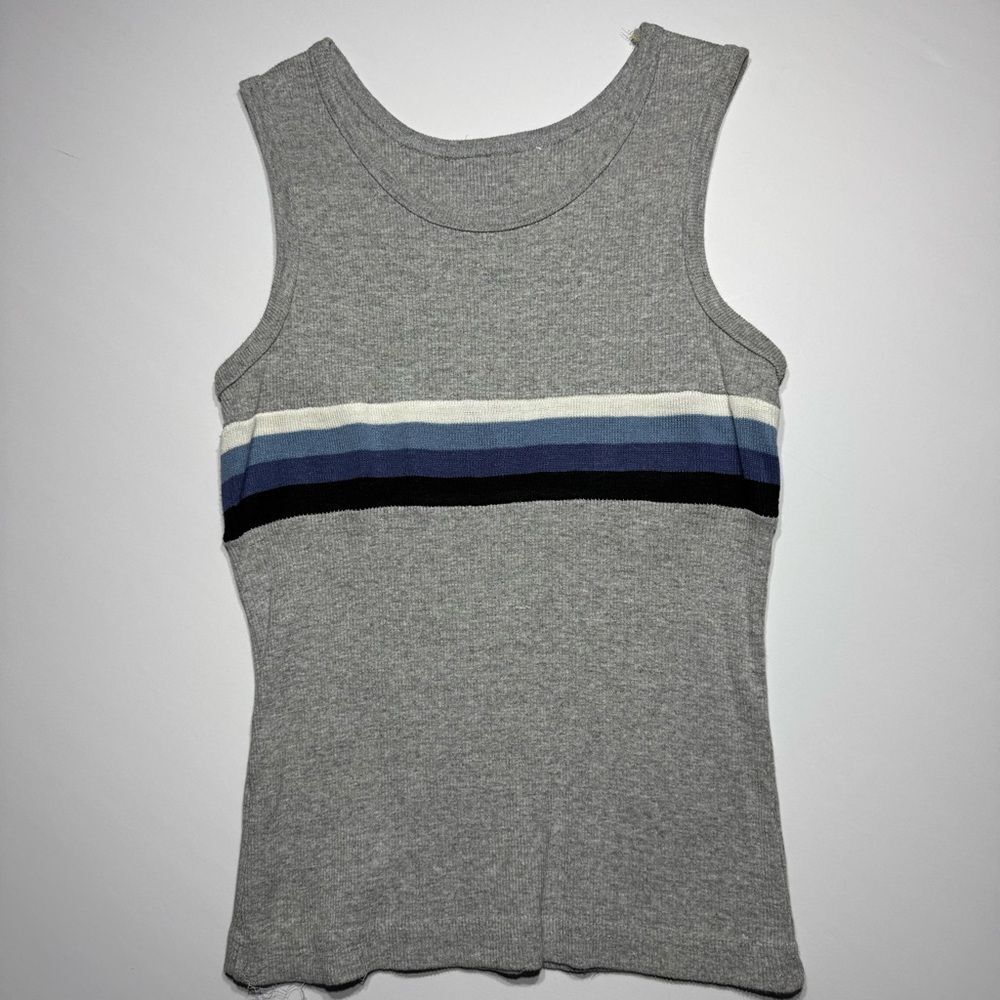 Vintage Y2K Gray Ribbed Tank Top w/ Blue Stripe | Sleeveless Fitted Top